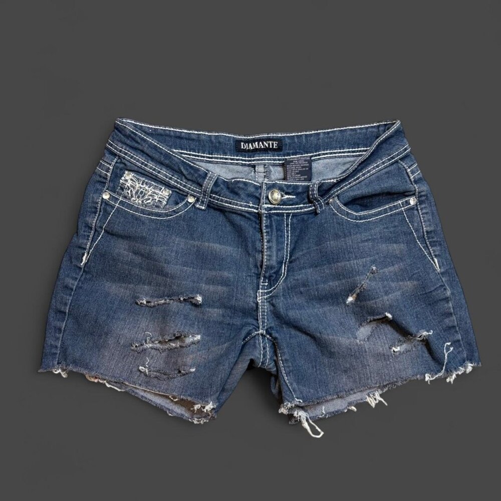 Diamante size 11 blue denim shorts with white stitching and distressed details #